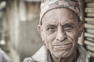 Damak, Nepal, circa April 2012: Older man with wrinkled face wears cap on his head at Nepali