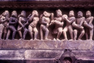An erotic panel on the exterior wall of the Lakshmana temple in Khajuraho, Madhya Pradesh, India,