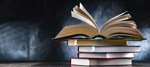 A composition with an open book lying on a stack of other books
