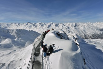 View from the observation deck Top Mountain Star on Wurmberg, 3082 m, on snowy mountains, Oetztal