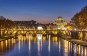 The Tiber and the Basilica of St. Peter in Vatican City, Italy, at dusk, Europe