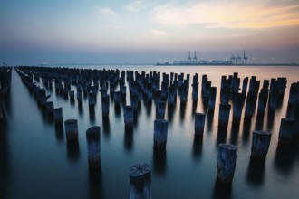 The historic Princes Pier featuring many disused pylons on a hot summer's day in Port Melbourme,