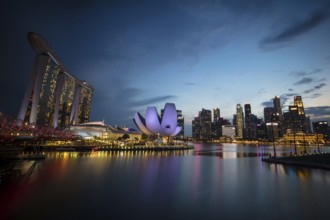 Marina Bay Sand area and Helix Bridge at dusk on a clear day on November 24th 2019