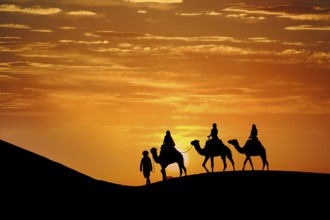Three passengers and their handler travel in the Saharan Desert in Morocco