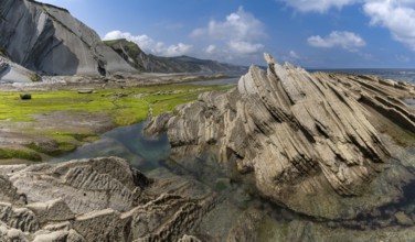 A view of the Flysch rock formations and cliffs with tidal pools on the Basque Country coast near