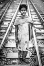 Girl on the railway tracks, Monochrom, Dhaka, Bangladesh, Asia
