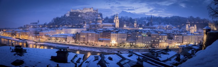 Salzburg old city at christmas time, snowy in the evening, Austria, Europe