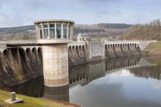 Dam of the Lister Reservoir, turbine tower at Bigge Reservoir hydroelectric power station, Olpe,