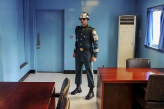 02.05.2013, Panmunjom, South Korea, Asia, A South Korean guard soldier stands in a defensive