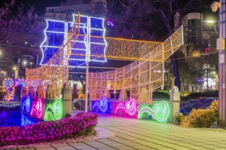 Taebeck, South Korea. January 29, 2019: Boat made of lights constructed on bridge over downtown
