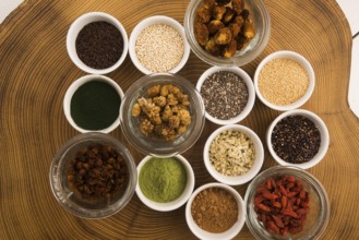 Bowls of various superfoods