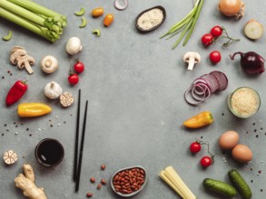 Asian food ingredients with copy space. Various of Chinese cooking ingredients and chopsticks on