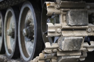 Military tank continuous track in close up view low angle view