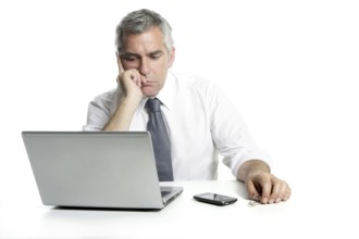 Businessman sad senior thinking laptop computer white background gray hair