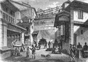 Street in Canton (Guangzhou), China on engraving from 1871. Engraved by N.Orr after a picture by