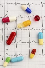 Several tablets lie on an ECG. Symbolic photo for diseases of the heart and circulation Austria