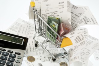 Shopping trolleys, banknotes and receipts, symbolising purchasing power, consumption and inflation