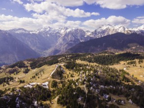 Velika Planina Alpine Meadow, drone photo of beautiful nature on a sunny day