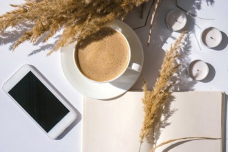 Pampas grass and white cup with coffee. Mobile phone with black screen. Checking social media