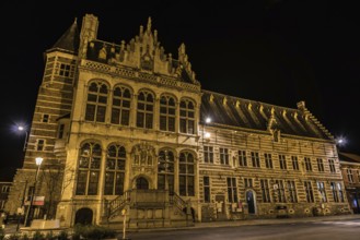 Zoutleeuw, Flanders, Belgium, 03 03 2019: View over the facade of the medieval Cloth Hall at the