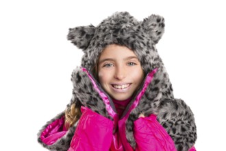 Blond kid girl with winter gray feline fur scarf hat in white background