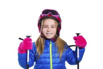 Blond kid girl happy going to snow with ski poles helmet and goggles