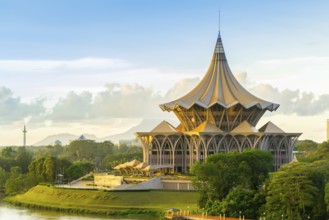 View of the Esplanade on the riverside in Kuching, Malaysia, Borneo during sunset, Asia