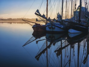 Sailing ships in the morning in the city harbour of Rostock