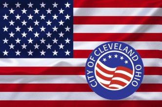 The flag of the USA with the coat of arms of Cleveland, Ohio, Studio