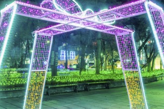 Taebeck, South Korea. January 29, 2019: Structure resembling wrapped gift made of lights on display