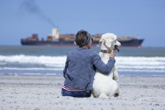 Woman sits together with her dog, a white poodle, amicably familiar on the beach in the sunshine,