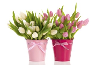 Pink and white tulips in buckets isolated over white background