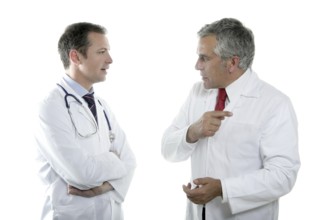 Doctors team talking expertise senior tie white background