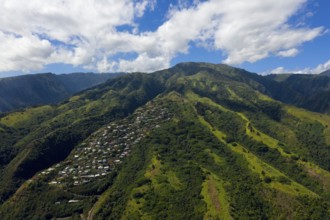 Aerial view of the west coast of Tahiti, Tahiti, French Polynesia, Oceania
