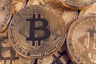 Golden Bitcoin coins. New digital and virtual money