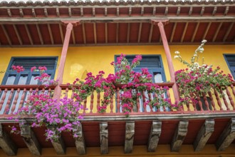 Low angle view of colorful colonial house facade with a flower decorated balcony, Cartagena,