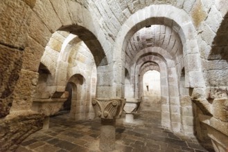 Leyre, Spain, August 10, 2019 : Interior of the ancient romanesque crypt of the Church of Holy