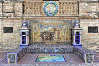 Plaza de España in Seville, Seville, Andalusia, Spain, Europe, Ceramic mural with historical scenes
