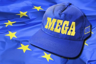 Cap with inscription MEGA on EU flag, photomontage