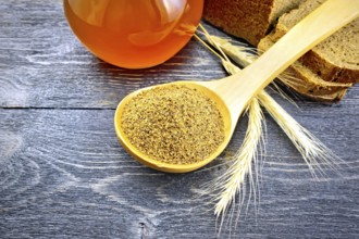 Malt in a spoon, bread, kvass in a glass jug and spikelets on background of dark wooden board