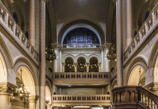 Brussels city center, Belgium, 02 16 2019: Interior design of the Jewish Great Synagogue of Europe,