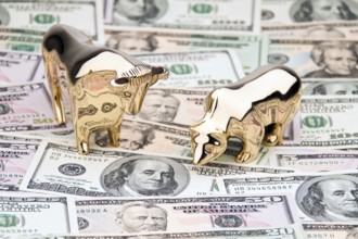 Many dollar banknotes with bull and bear. Investing in shares Austria