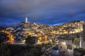 The old town centre of Matera, a Unesco World Heritage Site, in southern Italy by night