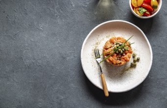 Food, Food, SALMON TARTAR with capers and purple onion on white plate, gray background