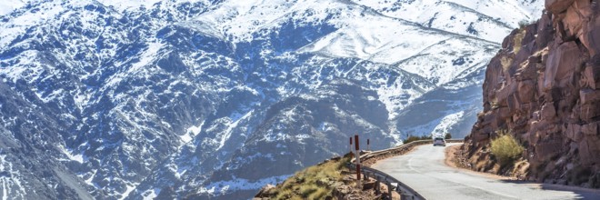 Atlas mountains in Morocco, Africa. Web banner in panoramic view. Road