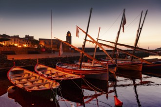 Catalan pointu boats at early morning at the port of Collioure, Cote Vermeille, Pyrenees-Orientales
