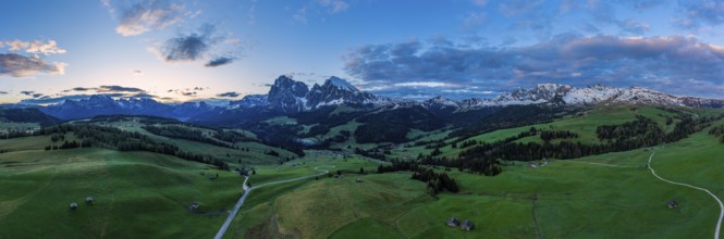 Panoramic view from the Seiser Alm to the Dolomites in Italy, drone shot