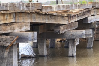 Run-down wooden bridge of the Transpantaneira crossing a river, Pantanal Wetlands, Mato Grosso,
