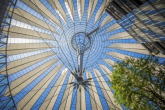 Berlin, Germany, June 2022: Low angle view on the dome of the Sony Center at Potsdamer Platz in