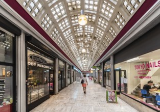 Brussels Old Town, Belgium, 07 18 2019- Interior arcades of the Galerie du centre, a vintage